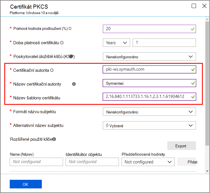 Profil certifikátu PKCS s výběrem certifikační autority a šablony certifikátu nakonfigurovanými pro DigiCert