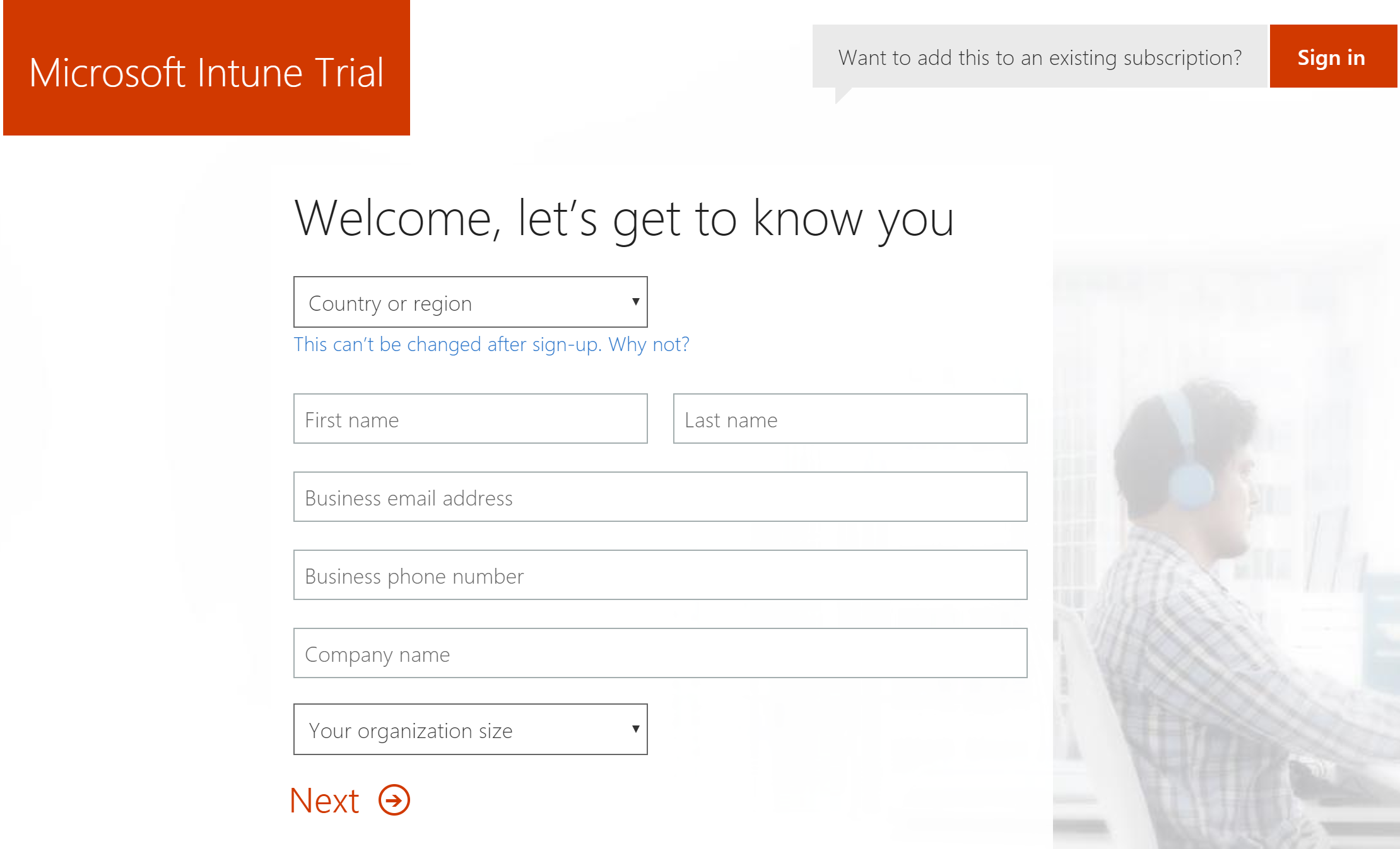 Snímek obrazovky s webovou stránkou registrace zkušebního účtu Microsoft Intune