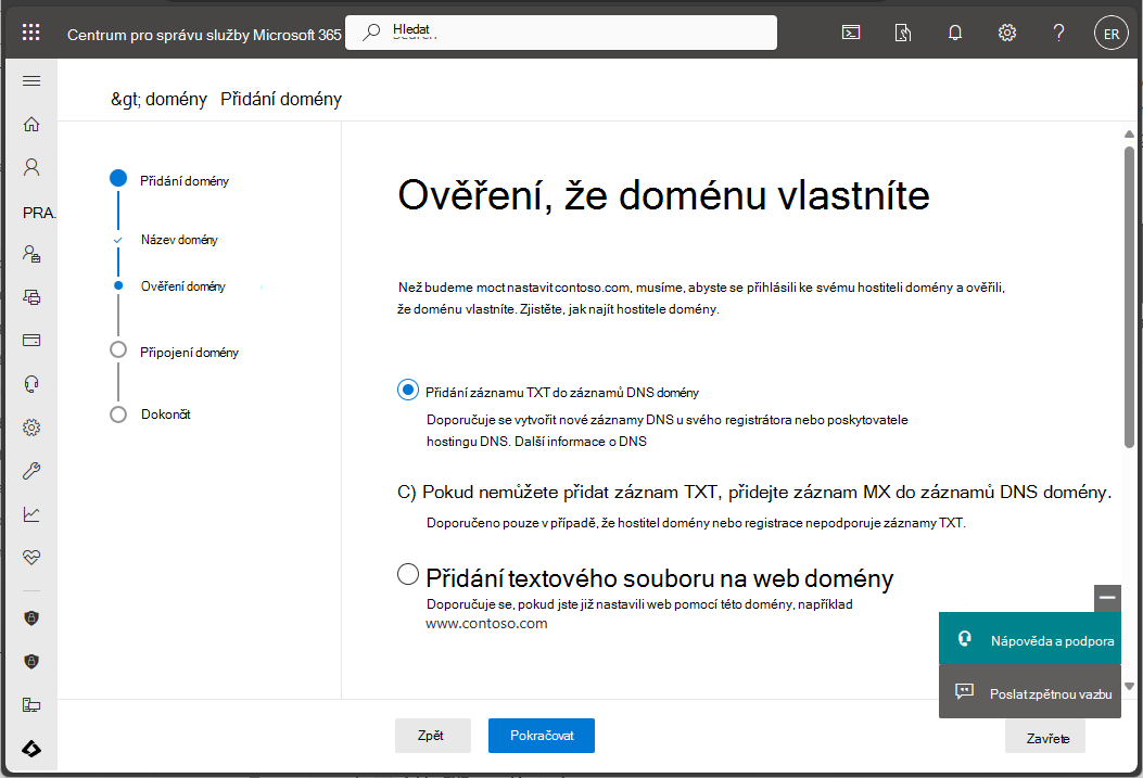 Snímek obrazovky s Centrum pro správu Microsoftu 365 – Ověření vlastnictví domény.