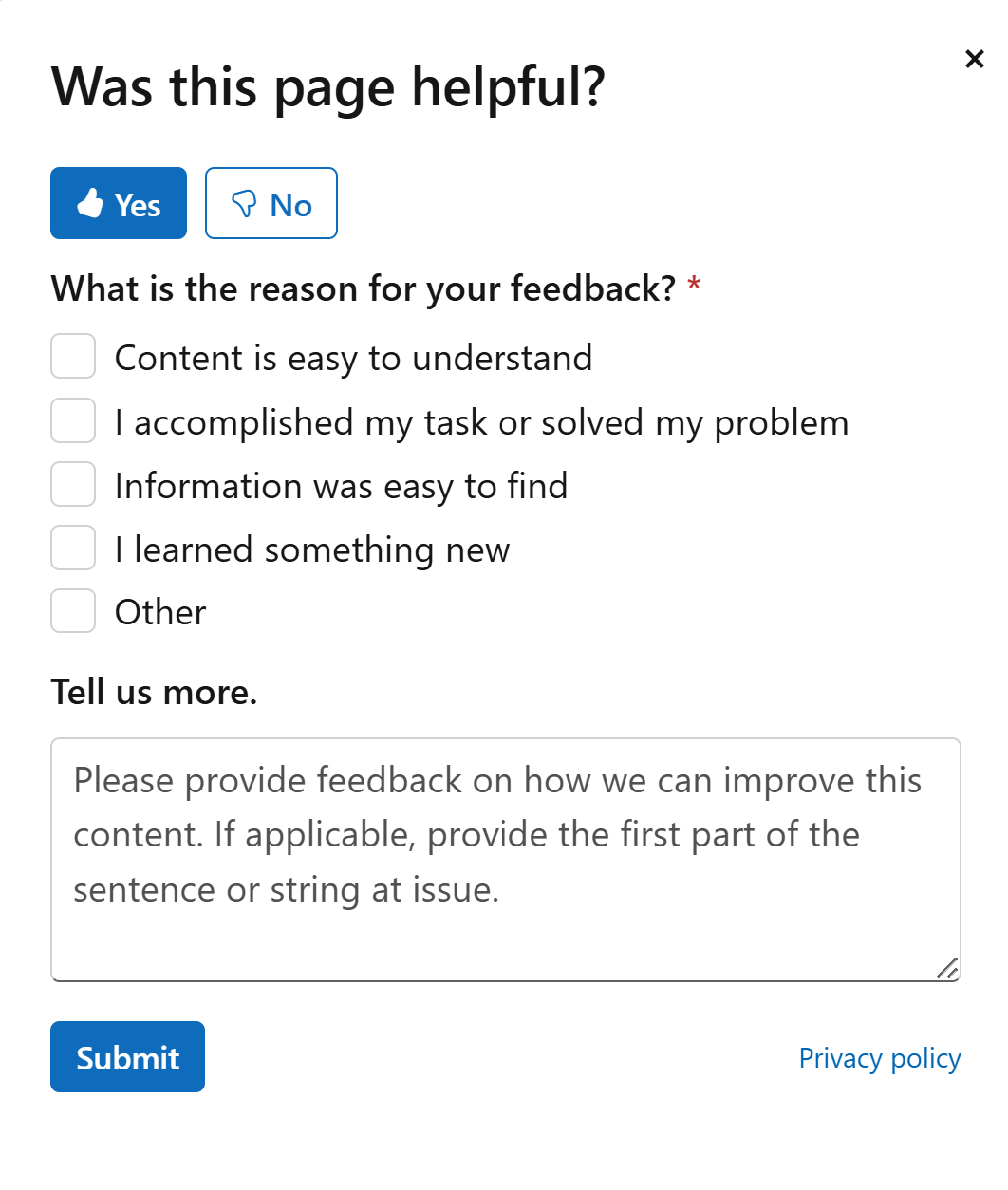Snímek obrazovky s částí zpětné vazby v článku Microsoft Learn