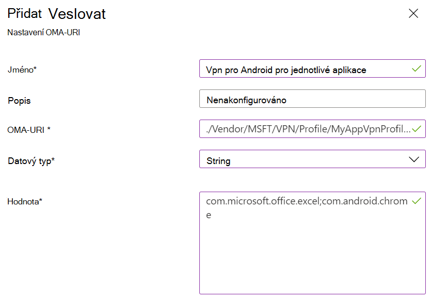 Snímek obrazovky znázorňující vlastní zásady VPN pro jednotlivé aplikace správce zařízení s Androidem v Microsoft Intune