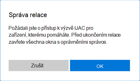 Snímek obrazovky s výzvou k povolení podpory zvýšení oprávnění během relace vzdálené nápovědy ve Windows