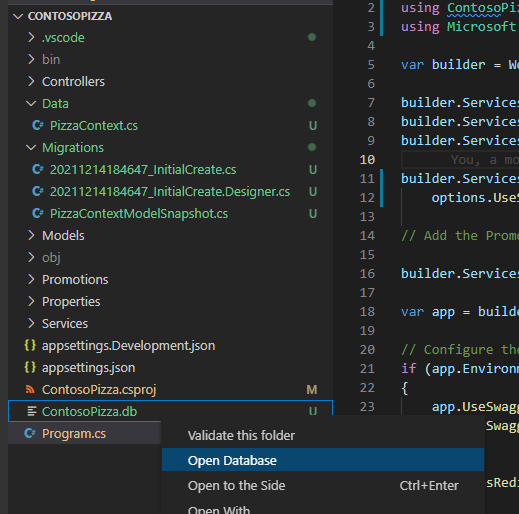 Snímek obrazovky s možností nabídky Otevřít databázi v podokně Průzkumníka editoru Visual Studio Code