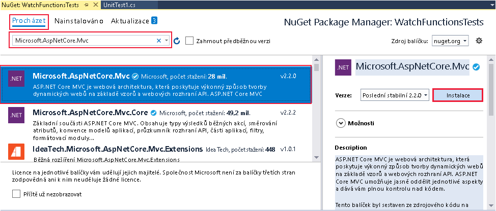 Snímek obrazovky s oknem Správce balíčků NuGet Uživatel instaluje balíček Microsoft.AspNetCore.Mvc.