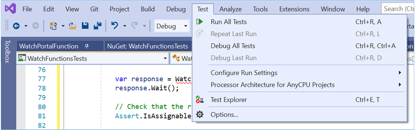 Snímek obrazovky s nabídkou Test v sadě Visual Studio Uživatel vybral možnost Spustit –> všechny testy.