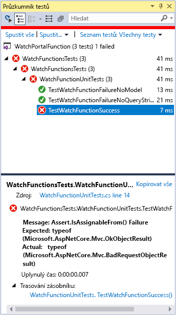 Snímek obrazovky s oknem Team Explorer Test TestWatchFunctionSuccess selhal.