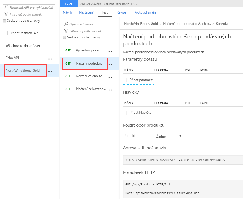 Screenshot of Azure portal API configuration showing a highlighted GET request test on an imported API.