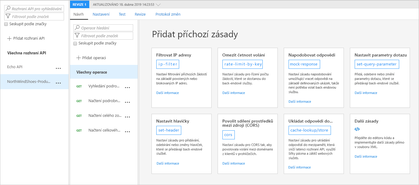 Screenshot of Azure portal showing inbound policy options for API configuration.