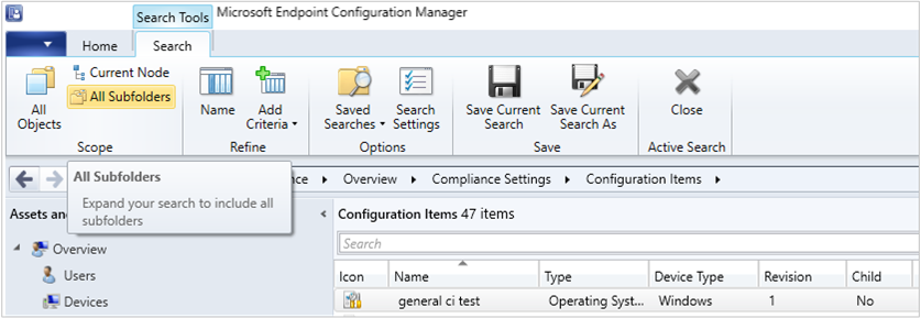 Snímek obrazovky konzoly Configuration Manager, uzlu Položky konfigurace a karty Hledání