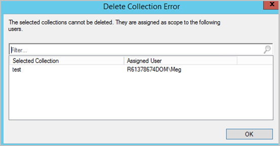 Snímek obrazovky se seznamem přiřazených uživatelů, když se kolekci nepodaří odstranit kvůli přiřazení oboru