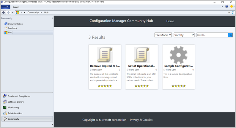 konzola Configuration Manager, pracovní prostor Komunita, uzel centra