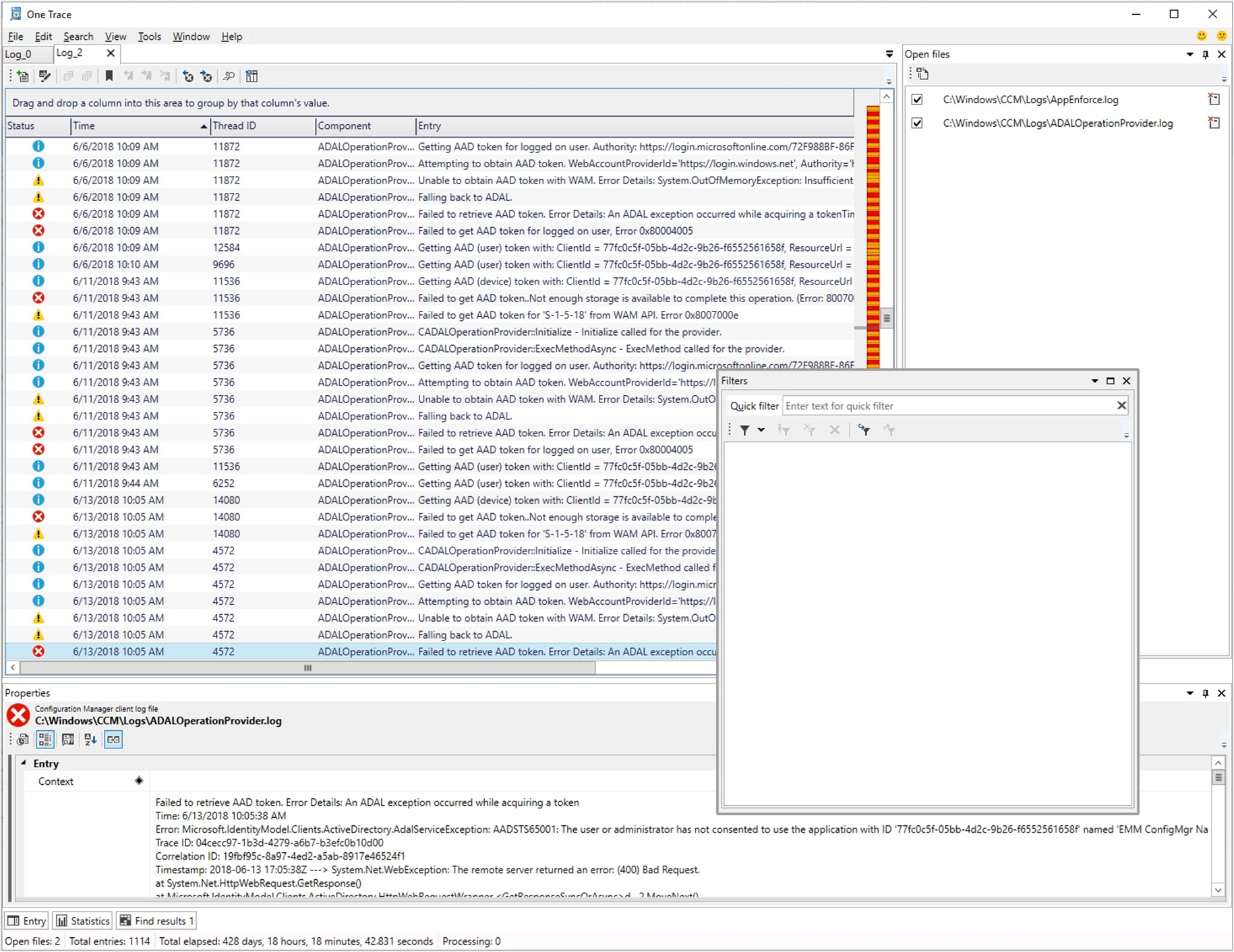 Snímek obrazovky prohlížeče protokolů OneTrace