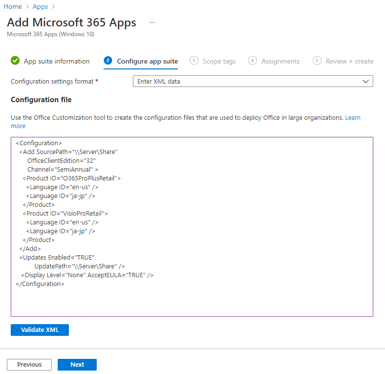 Snímek obrazovky: Přidání Microsoftu 365 – Návrhář konfigurace – příklad XML