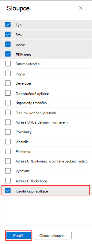 Snímek obrazovky, který ukazuje, jak vybrat sloupec ID sady aplikací ve všech aplikacích v Microsoft Intune a v Centru pro správu Intune