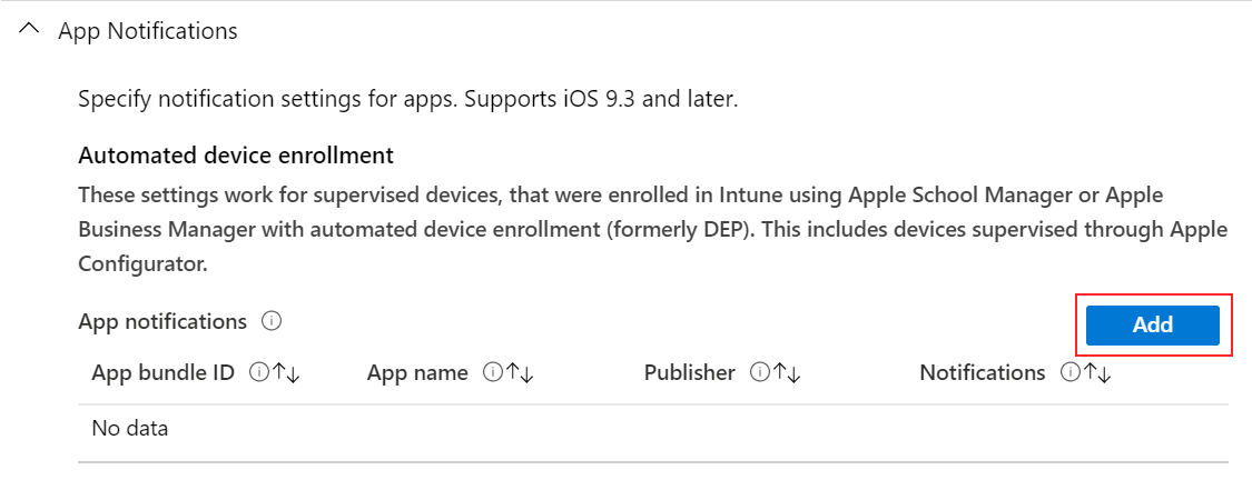 Přidání oznámení aplikace v konfiguračním profilu funkcí zařízení s iOS/iPadOS v Microsoft Intune