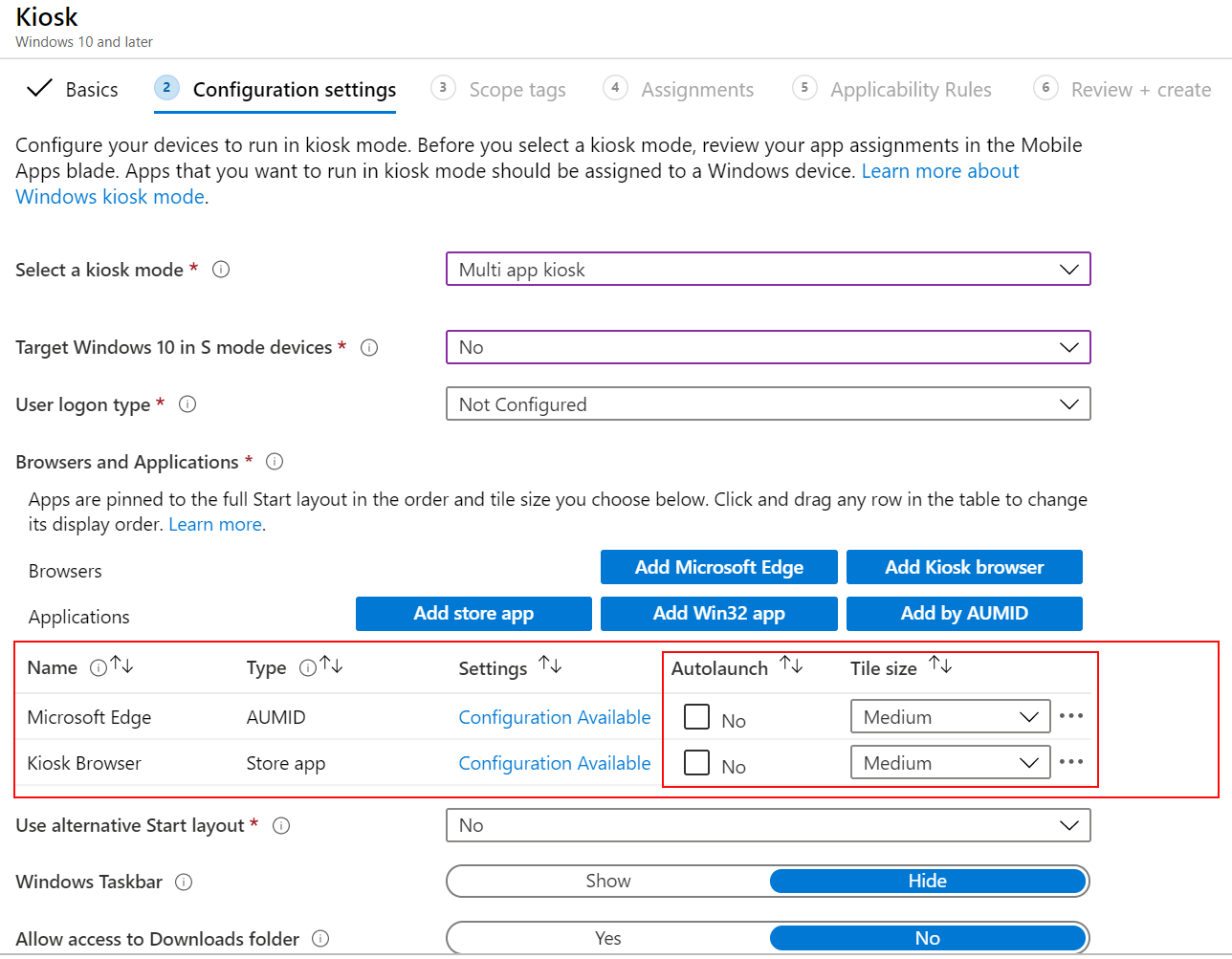 Automaticky spusťte aplikaci nebo prohlížeč a vyberte velikost dlaždice v profilu veřejného terminálu s více aplikacemi v Microsoft Intune.