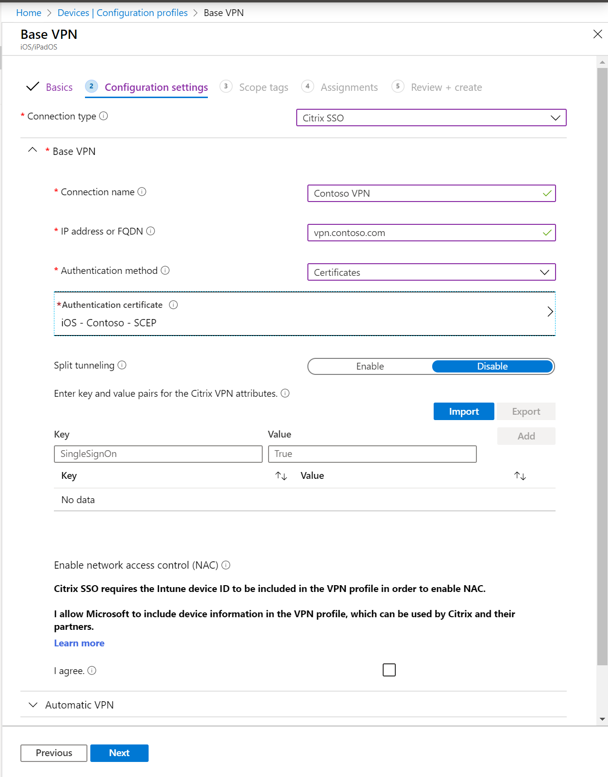 Snímek obrazovky znázorňující profil SÍTĚ VPN pro jednotlivé aplikace, IP adresu nebo plně kvalifikovaný název domény, metodu ověřování a rozdělené tunelové propojení v Microsoft Intune a Centru pro správu Intune