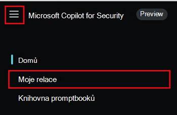 Snímek obrazovky znázorňující nabídku Microsoft Copilot for Security a Moje relace s předchozími relacemi na webu Copilot for Security Portal