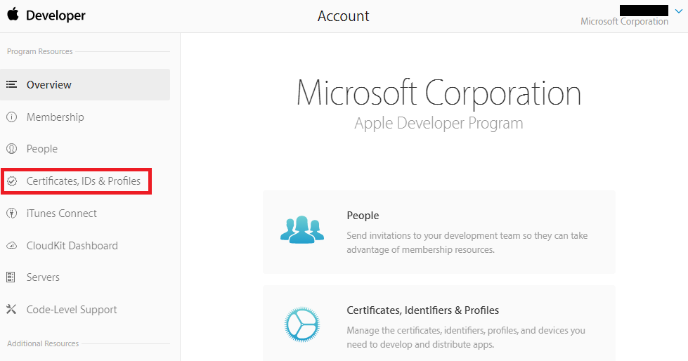 Portál pro vývojáře Apple – Certifikáty, ID & profily