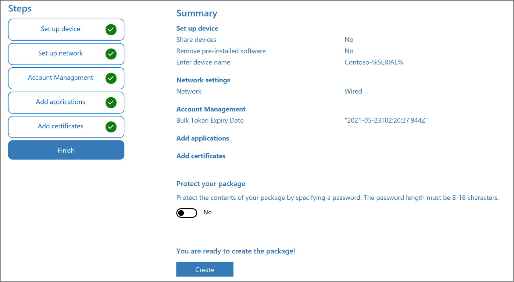 Snímek obrazovky s ochranou balíčků v aplikaci Windows Configuration Designer
