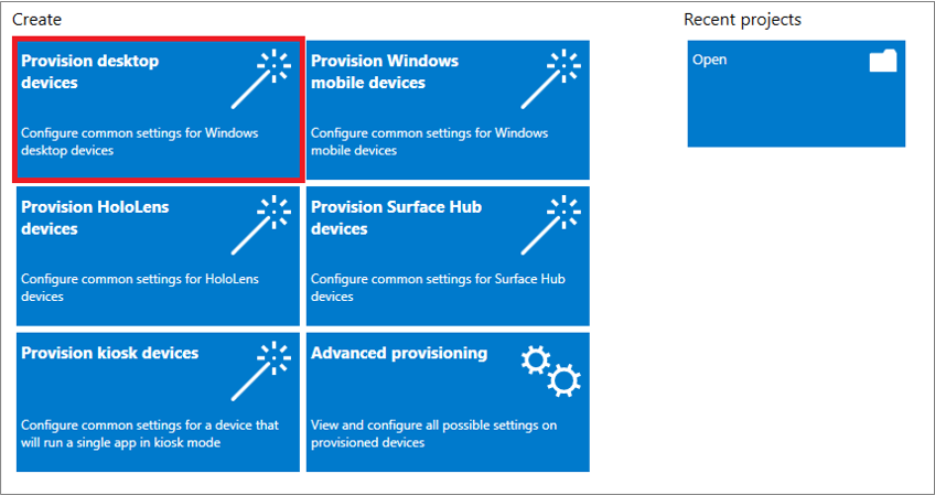Snímek obrazovky s výběrem možnosti Zřídit desktopová zařízení v aplikaci Windows Configuration Designer