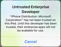 Zpráva aplikace pro iOS – Nedůvěryhodný podnikový vývojář