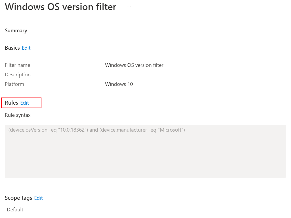 Snímek obrazovky, který ukazuje, jak změnit nebo aktualizovat existující filtr v Microsoft Intune