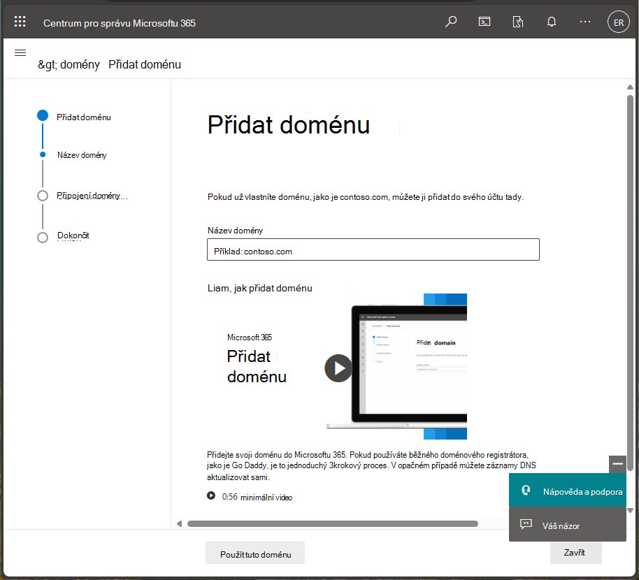 Snímek obrazovky Centra pro správu Microsoftu 365 – přidání domény