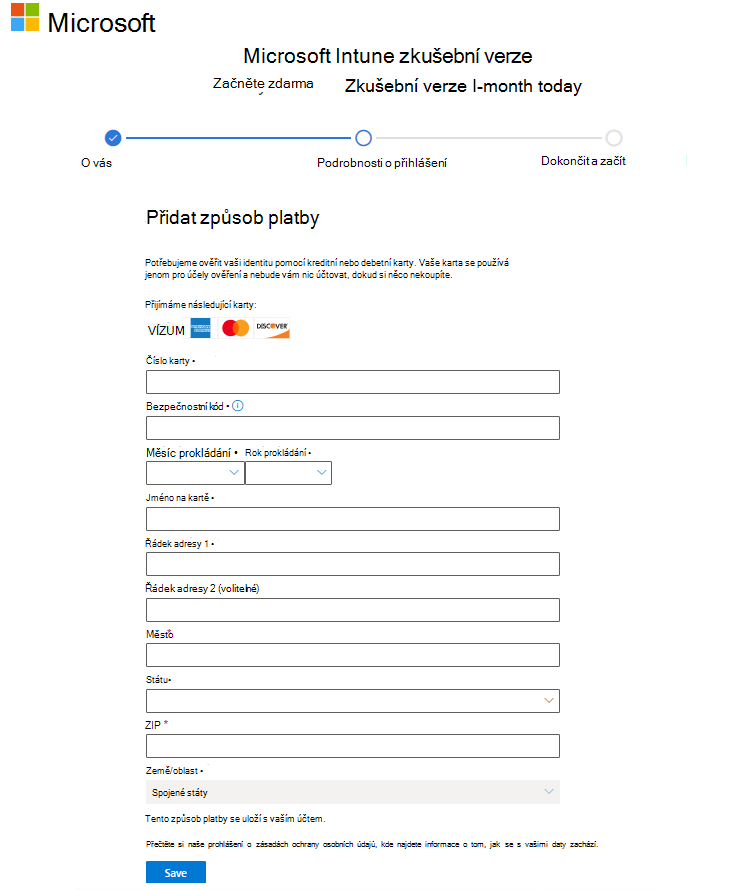 Snímek obrazovky se stránkou Microsoft Intune nastavení účtu – Přidání způsobu platby
