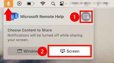 Snímek obrazovky s dialogovým oknem sdílení mikrofonu macOS, který umožňuje sdílení obrazovky pro Microsoft Pomoc na dálku