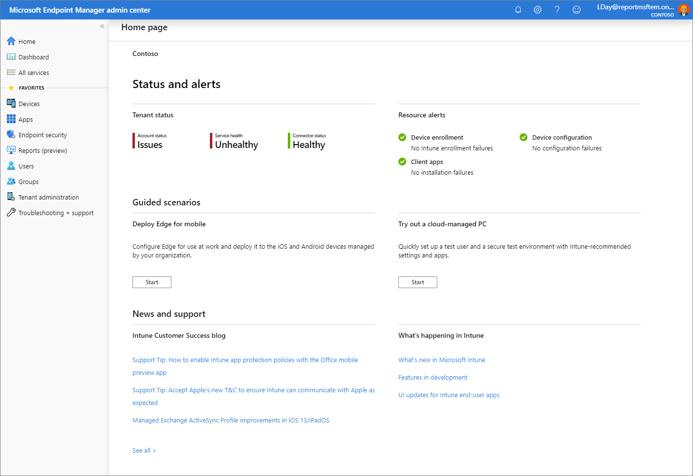 Snímek obrazovky s centrem pro správu Microsoft Endpoint Manageru – domovská stránka