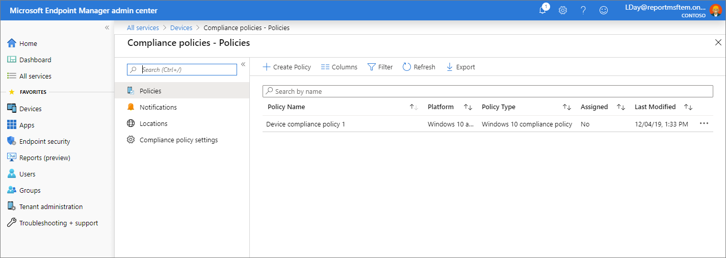 Snímek obrazovky s centrem pro správu Microsoft Endpoint Manageru – Zásady dodržování předpisů