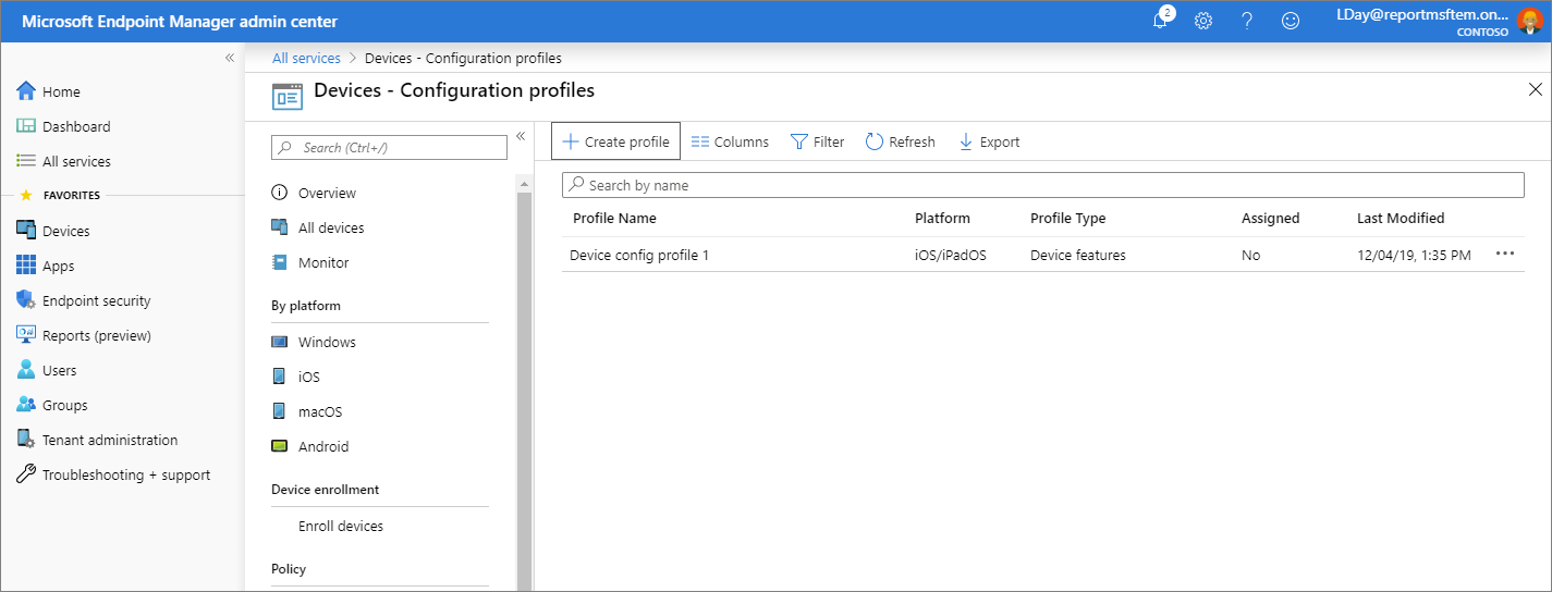 Snímek obrazovky s Centrem pro správu Microsoft Endpoint Manageru – Konfigurační profily