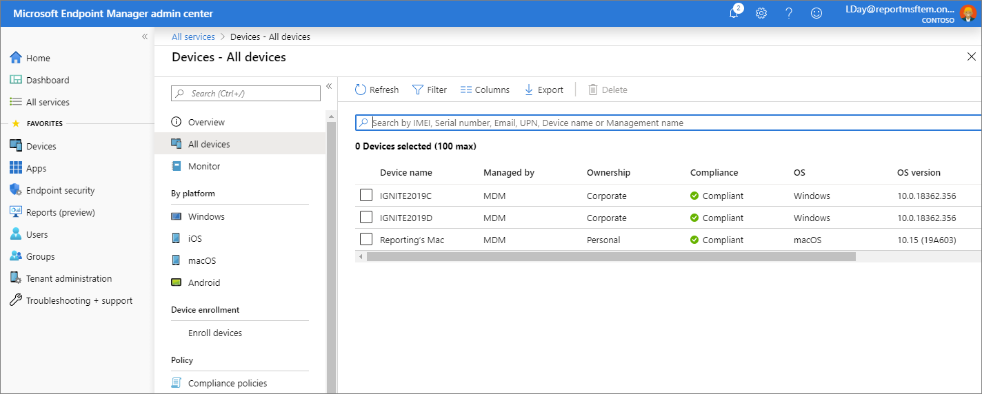 Snímek obrazovky s Centrem pro správu Microsoft Endpoint Manageru – Všechna zařízení