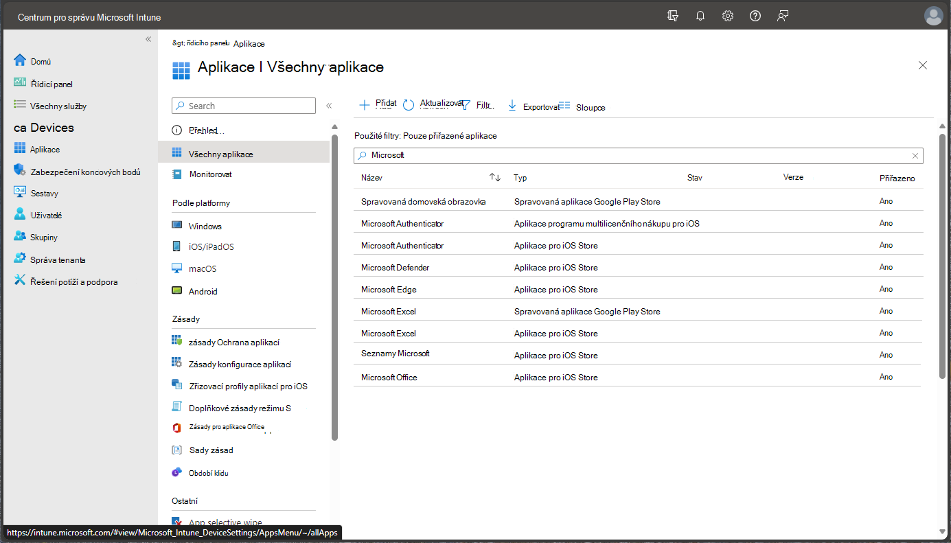 Snímek obrazovky s Centrem pro správu Microsoft Endpoint Manager – Všechny aplikace