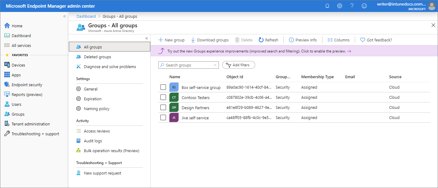 Snímek obrazovky s Centrem pro správu Microsoft Endpoint Manageru – Skupiny