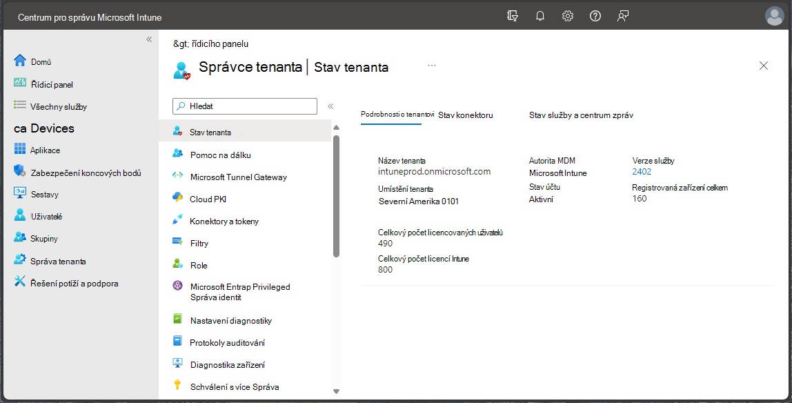 Snímek obrazovky s Centrem pro správu Microsoft Endpoint Manager – stav tenanta