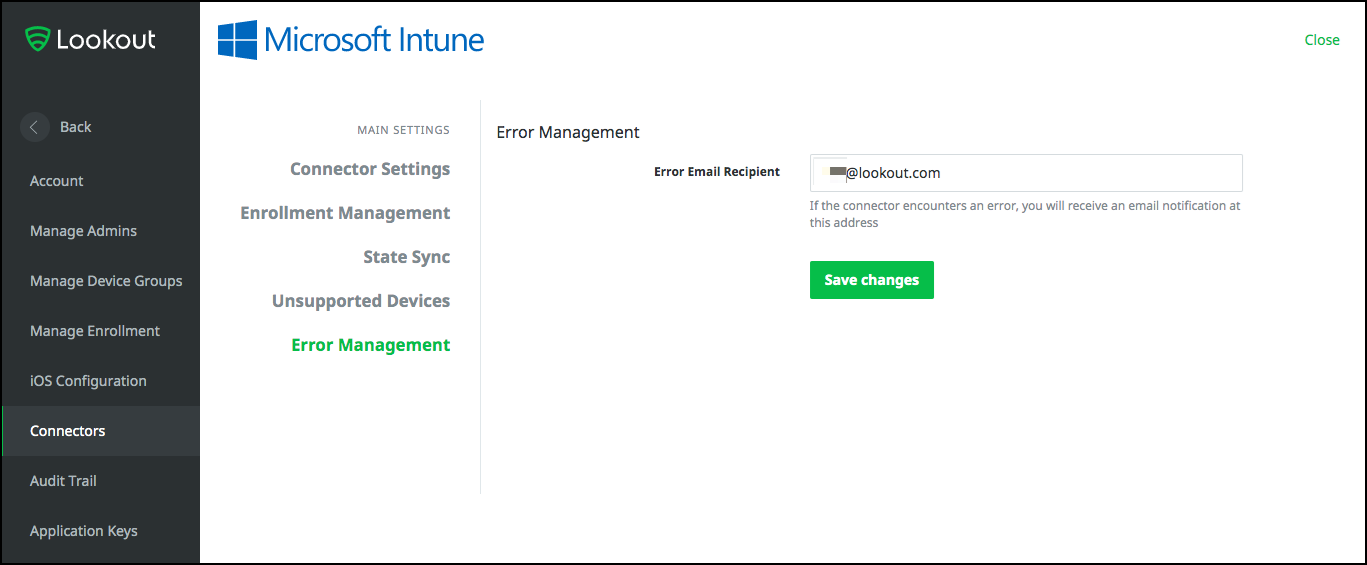snímek obrazovky se stránkou správy chyb konektoru Intune
