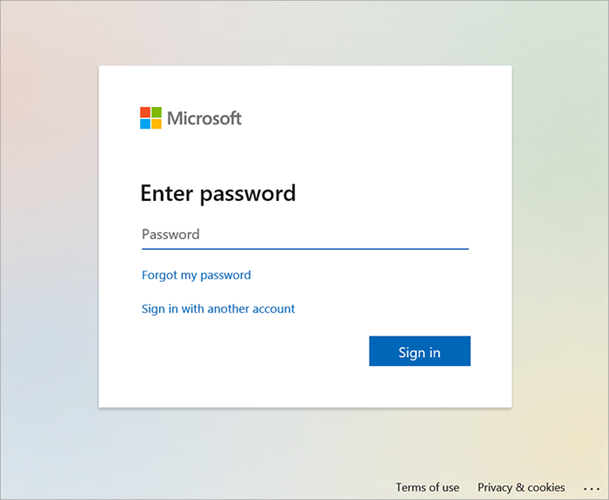 Příklad obrazovky ověřování Microsoftu, která uživatele vyzve k zadání hesla
