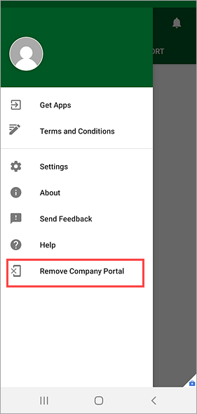 Snímek obrazovky Portál společnosti aplikace se zvýrazněnou možností Odebrat Portál společnosti v nabídce