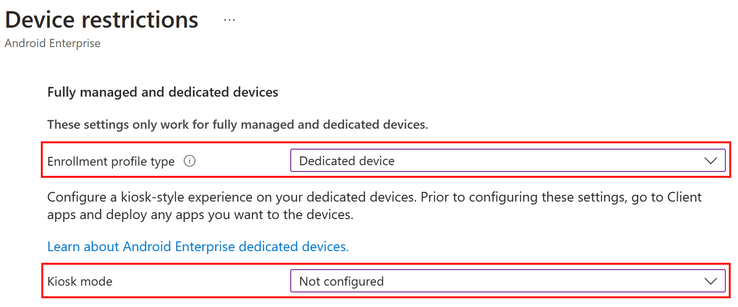 Vyhrazené zařízení je typ profilu registrace a celoobrazovkový režim není nakonfigurovaný v konfiguračním profilu zařízení s Androidem Enterprise v Microsoft Intune.