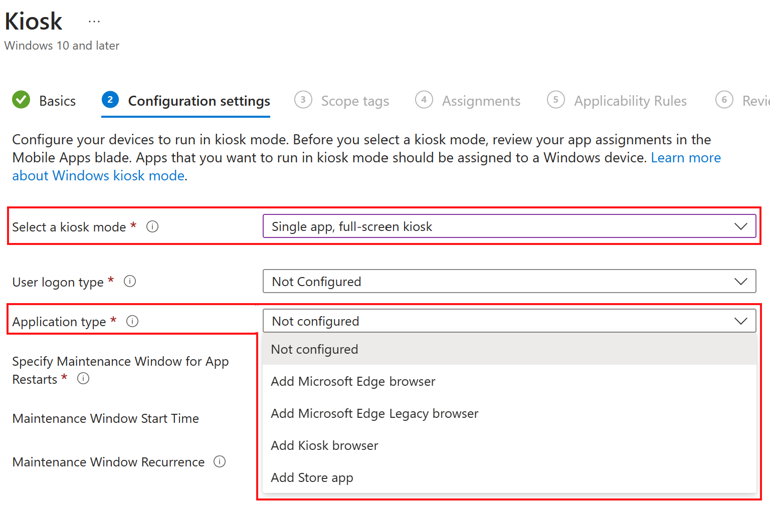 Nastavení konfiguračního profilu zařízení s beznabídkovým režimem pro jednu aplikaci na zařízeních s Windows v Microsoft Intune.