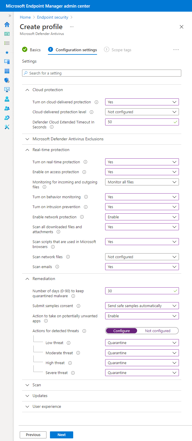 Snímek obrazovky znázorňující příklad profilu Microsoft Defender Antivirus v Microsoft Intune
