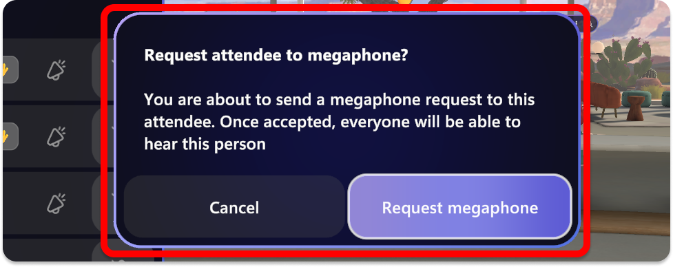 Snímek obrazovky s požadavkem na megafon nebo vysílání z pohledu hostitele