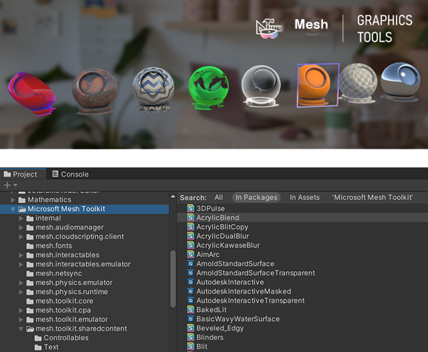 Snímek obrazovky s shadery dostupnými v sadě nástrojů Mesh