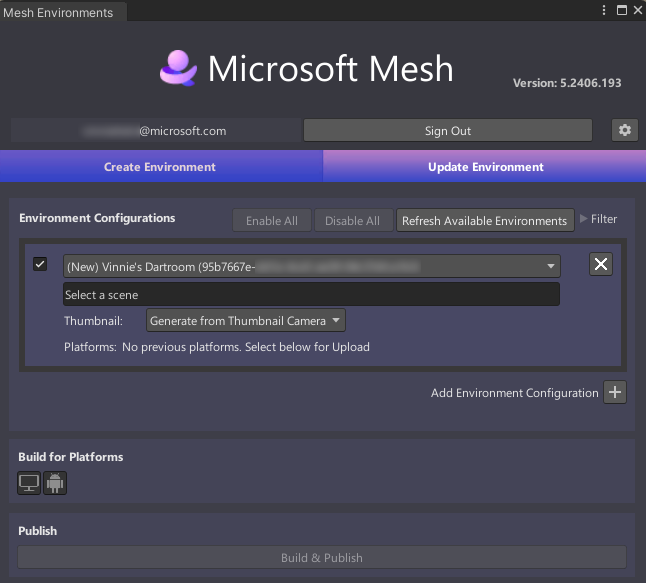 Obrazovka okna Mesh Uploader na kartě Aktualizovat prostředí