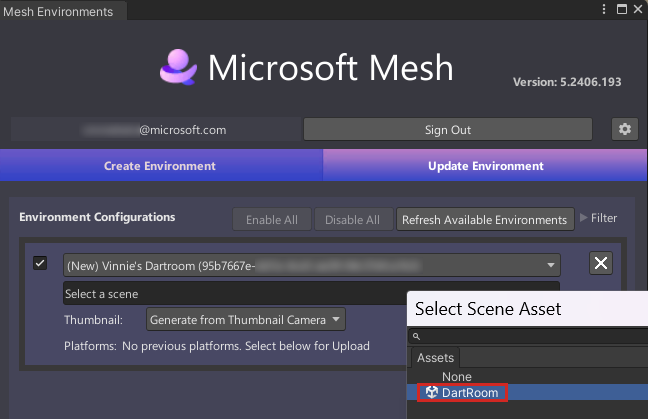 Snímek obrazovky s oknem mesh uploaderu s otevřeným oknem výběrové scény