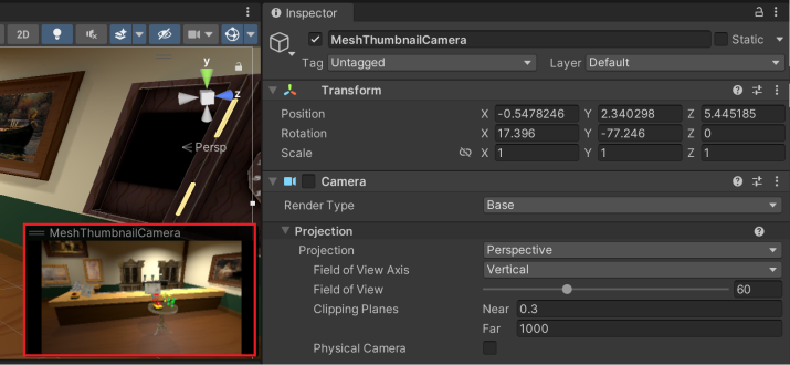 Snímek obrazovky s inspektorem Unity a zobrazením scény se zvýrazněným zobrazením miniatur fotoaparátu