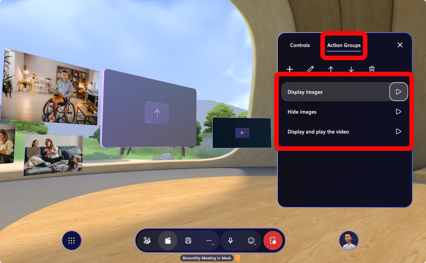 Snímek obrazovky s ovládacím panelem v prostředí Mesh s vybranou kartou Skupiny akcí Zvýrazněno je několik akcí, například zobrazení obrázků.
