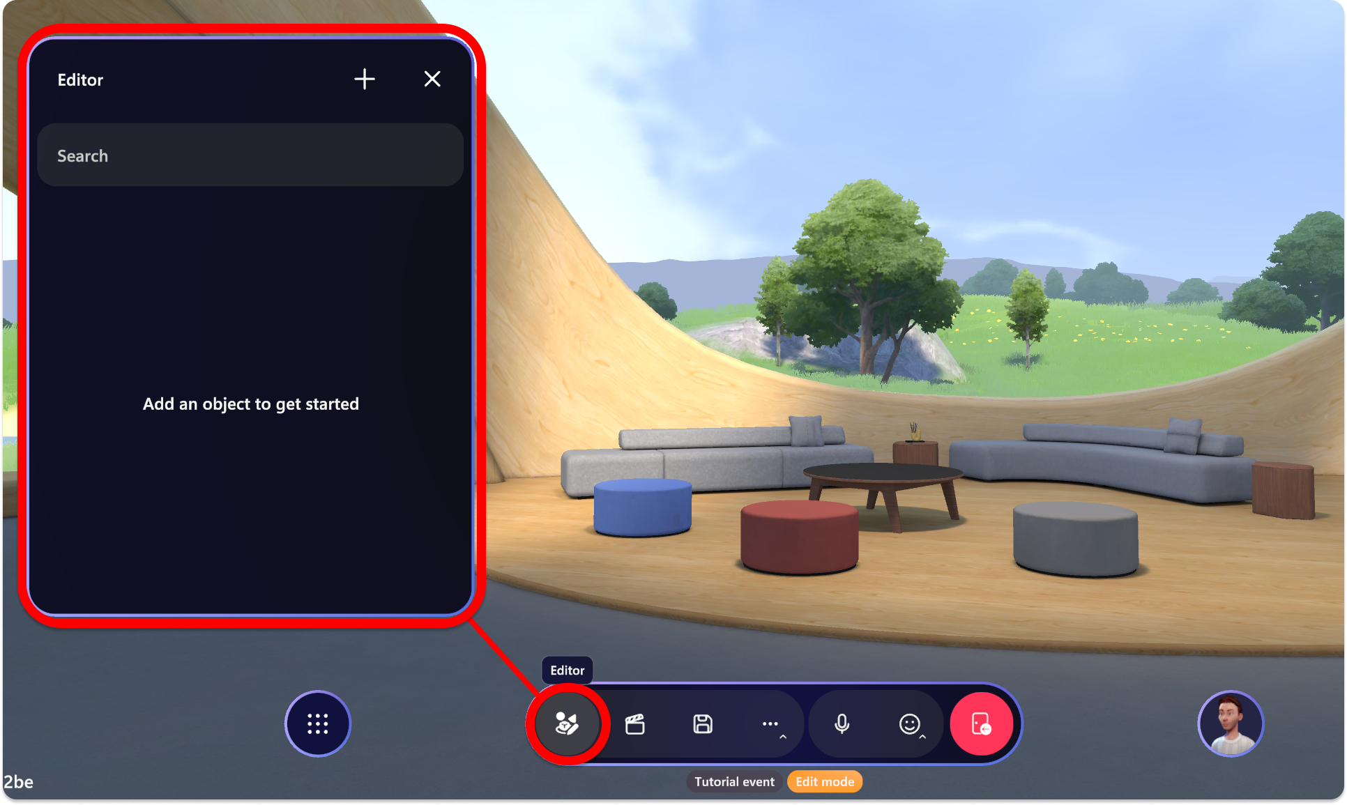 Snímek obrazovky aplikace Mesh zobrazující otevření Editor bez přidání objektů